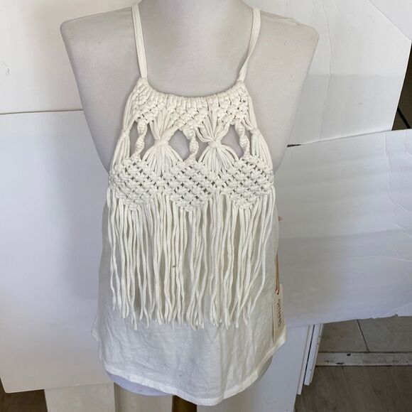 Cream crochet hanging fringe front tie adjustable back 100 cotton brand new - Picture 1 of 3